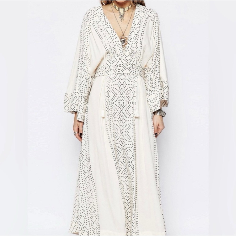 Free People Modern Kimono Cream Lace Up Maxi Dress Sz 0 XXS Boho Peasant Indie